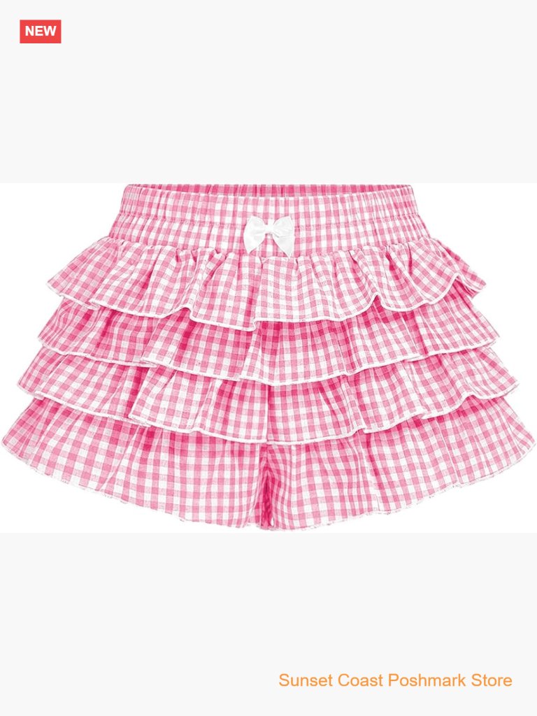 Y2k Tiered Ruffle Gingham Shorts With Bow Low Rise Micro Mini Skirted